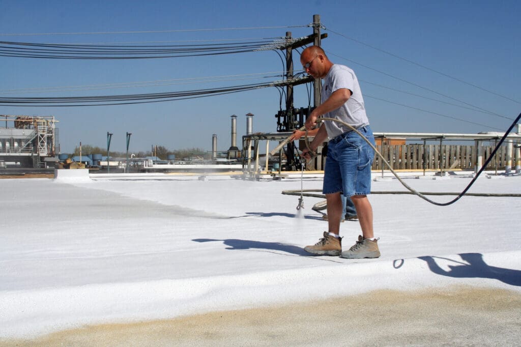 SPF spray polyurethane foam roofing application for commercial buildings