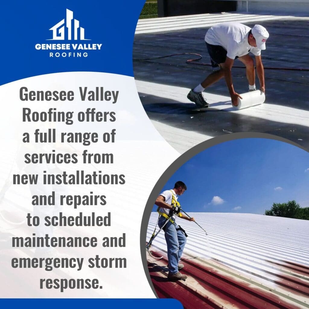 A split image with the Genesee Valley Roofing logo. The top half shows a worker unrolling a white roofing membrane. The bottom half shows a worker pressure washing a red metal roof.